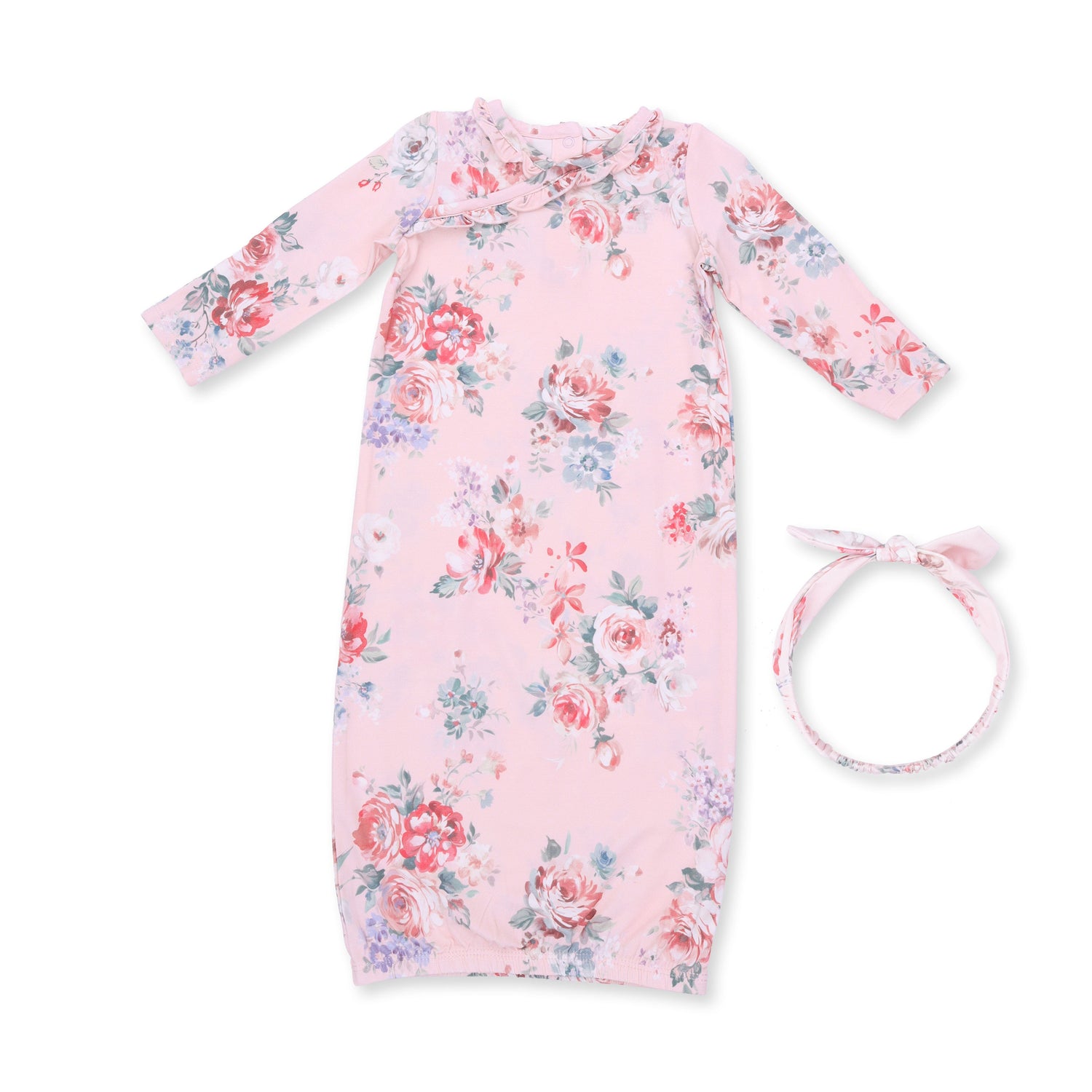 Kimono gown with painterly rose bouquet print and matching knotted headband in soft pink tones.