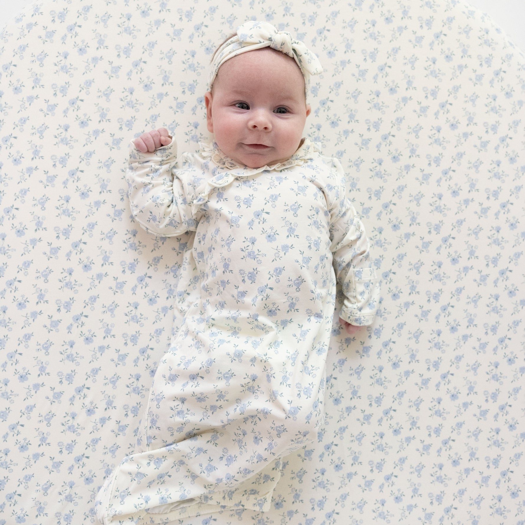Baby kimono gown and knot headband in a soft rosy tumbling floral print