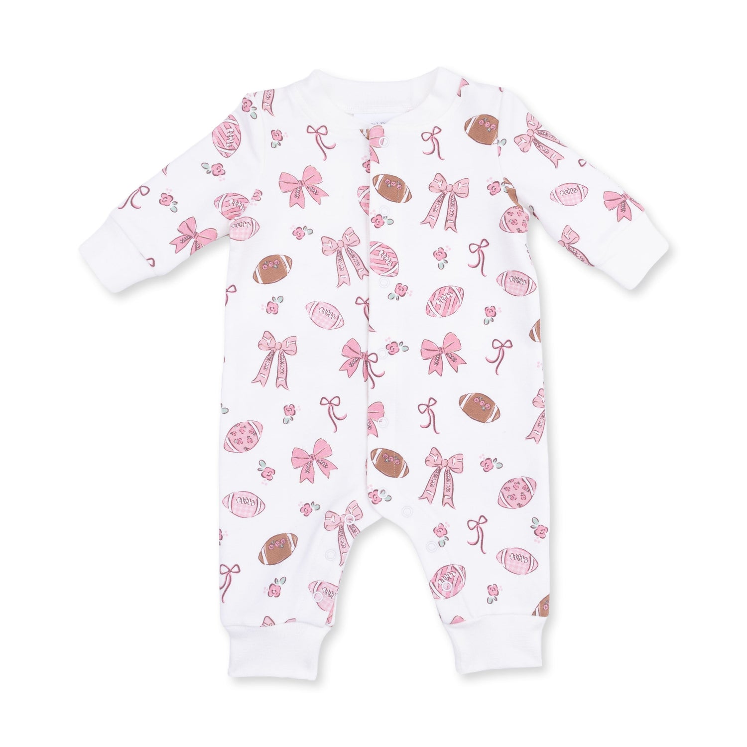 Baseball collar button-up romper with a footballs and bows print and contrast collar and front placket.