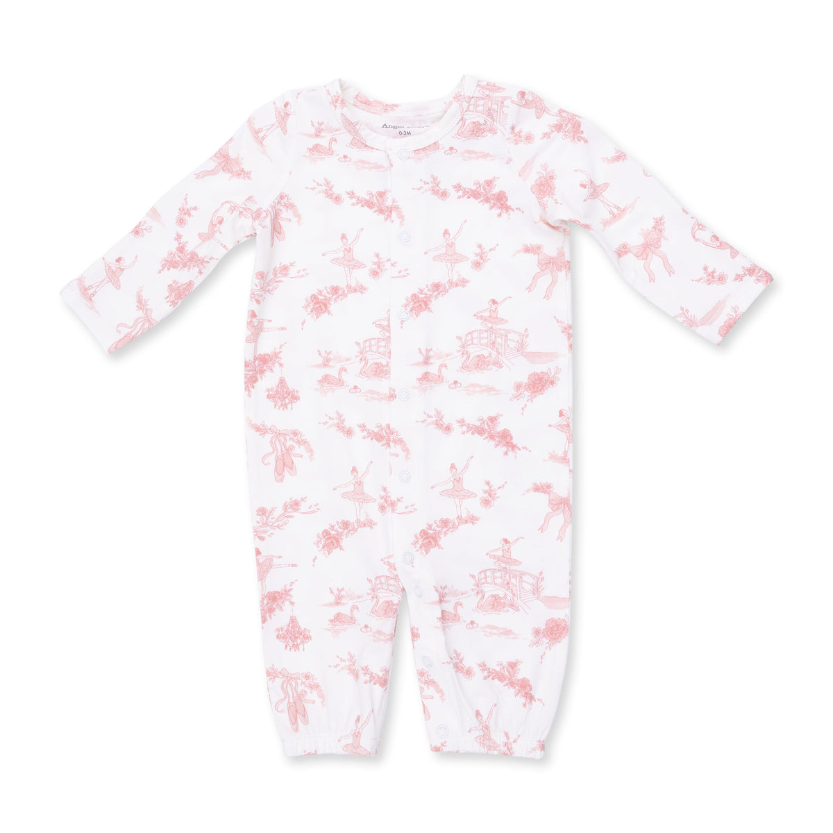 Baby convertible gown in ballet toile print with snap closures along the front