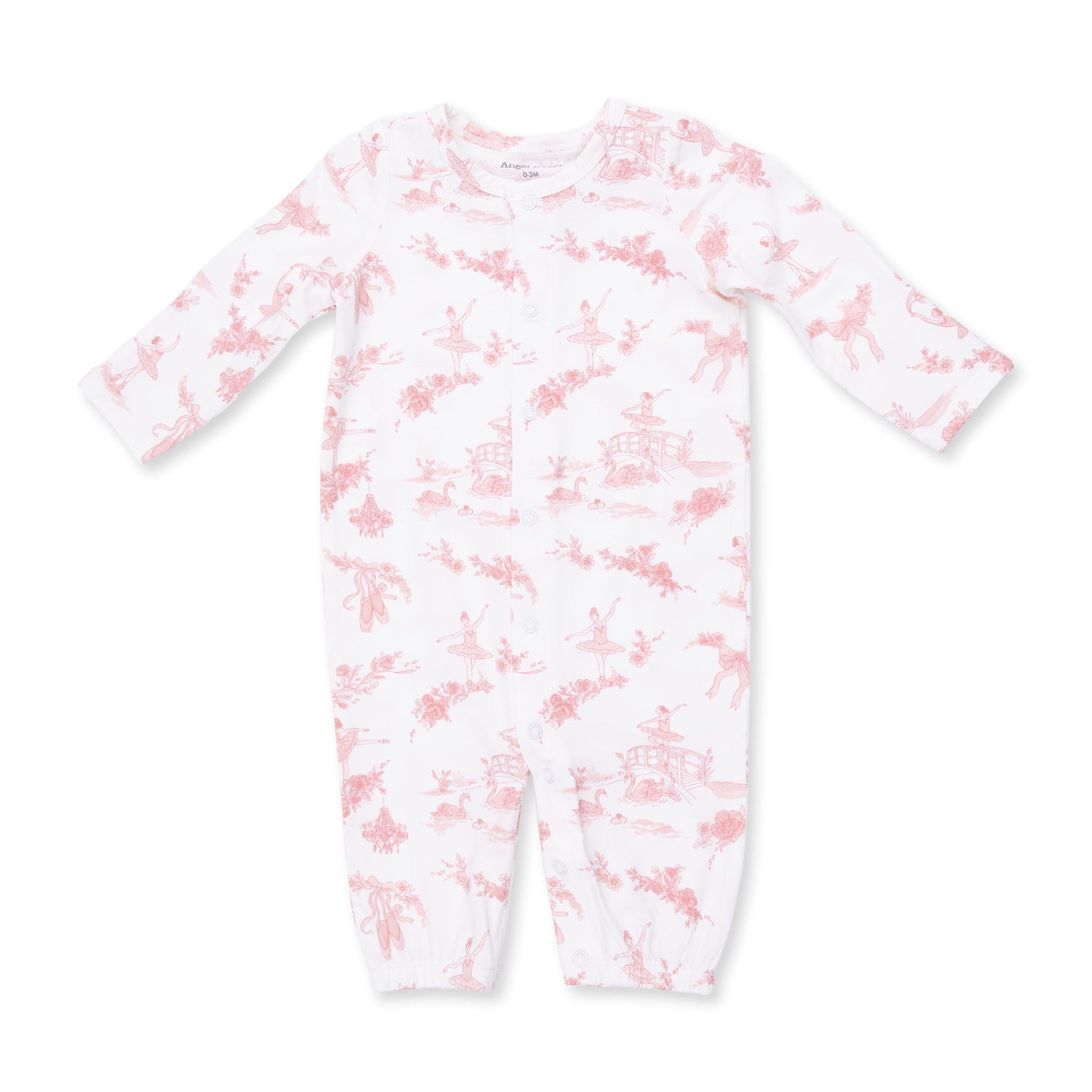 Baby convertible gown in ballet toile print with snap closures along the front