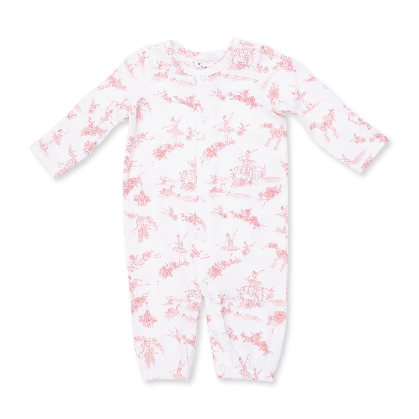 Baby convertible gown in ballet toile print with snap closures along the front