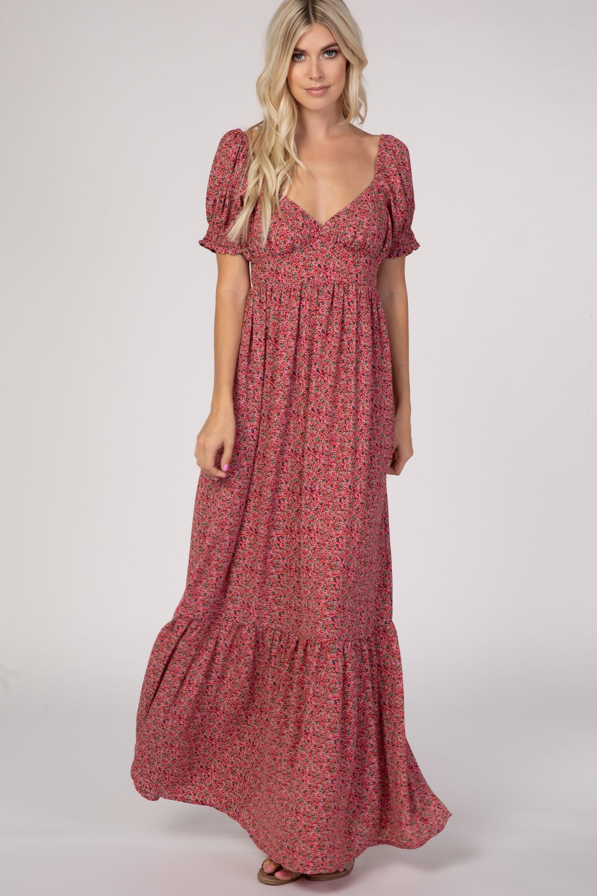 Pink Floral Puff Sleeve Maxi Dress by PinkBlush