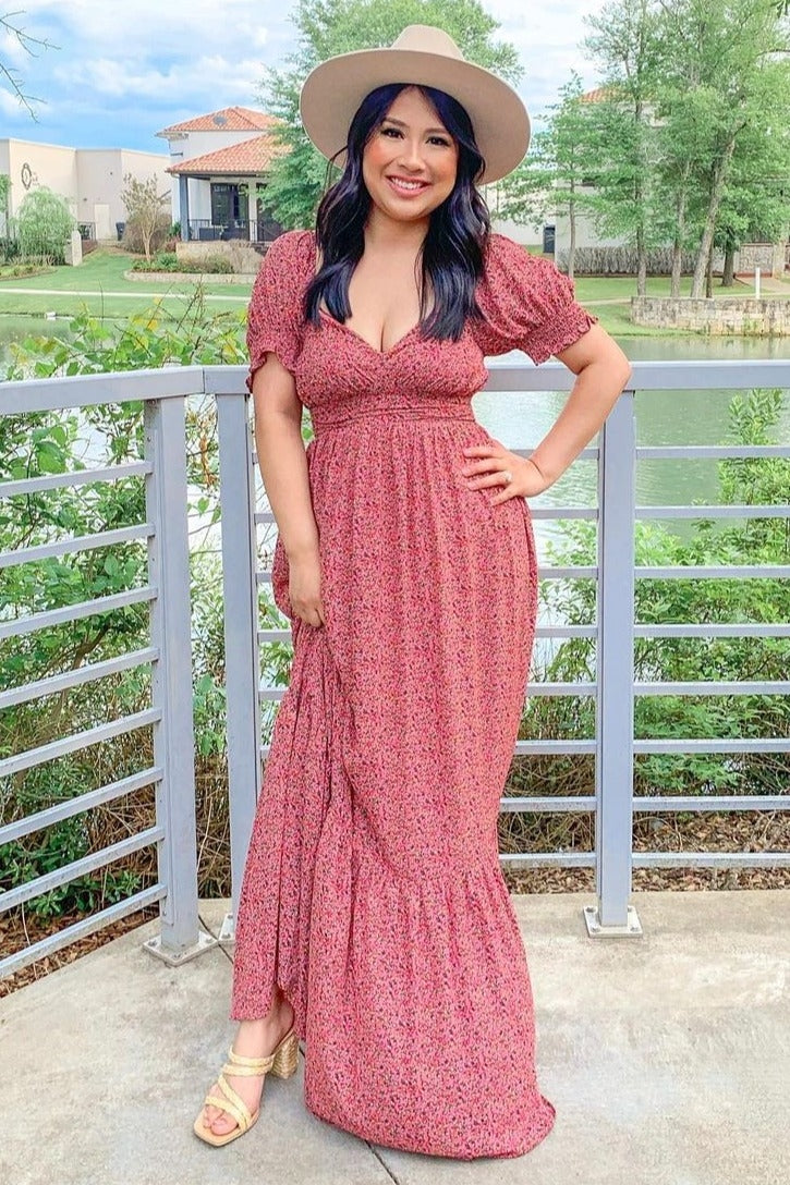 Pink Floral Puff Sleeve Maxi Dress by PinkBlush