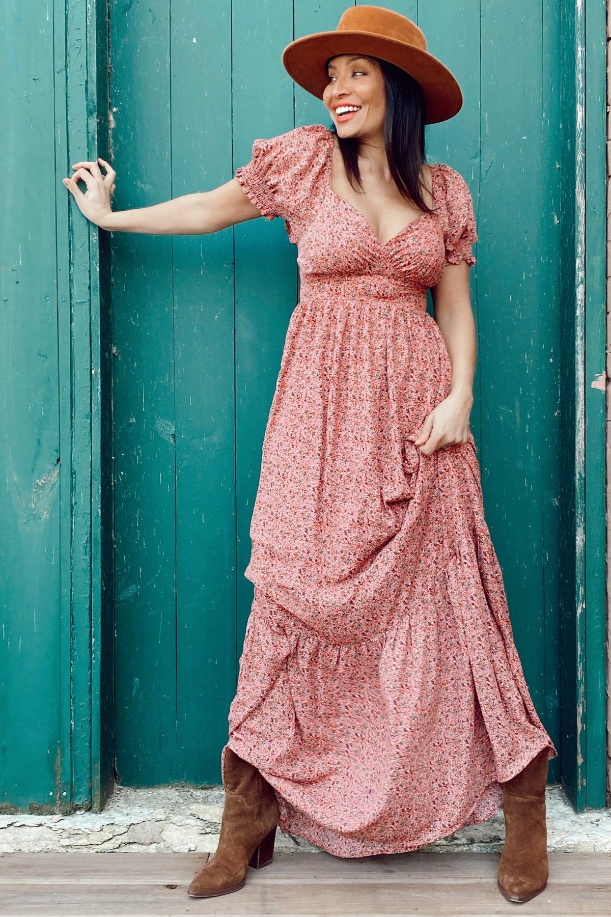 Pink Floral Puff Sleeve Maxi Dress by PinkBlush