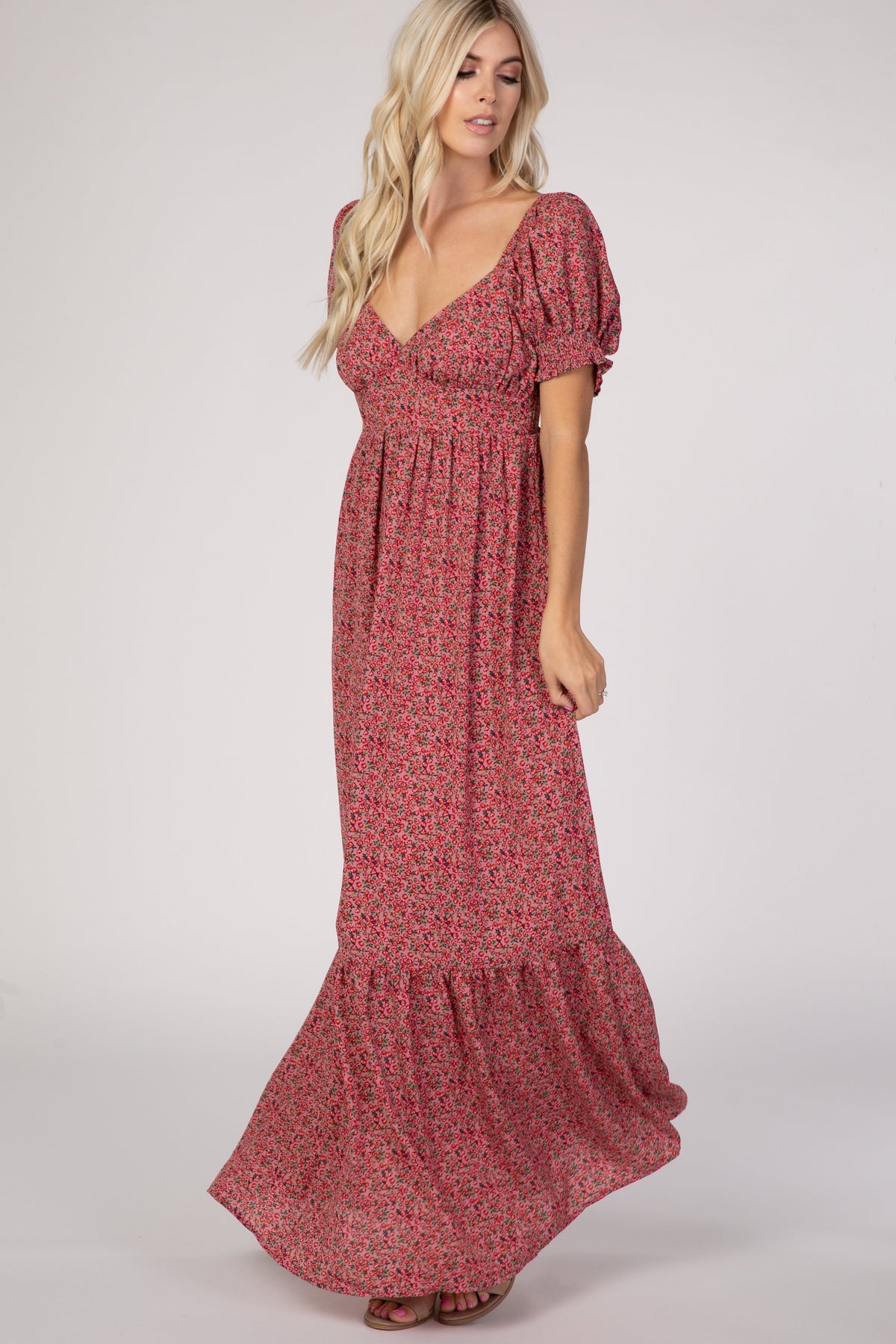 Pink Floral Puff Sleeve Maxi Dress by PinkBlush