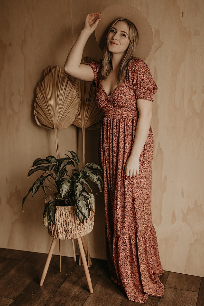 Pink Floral Puff Sleeve Maxi Dress by PinkBlush
