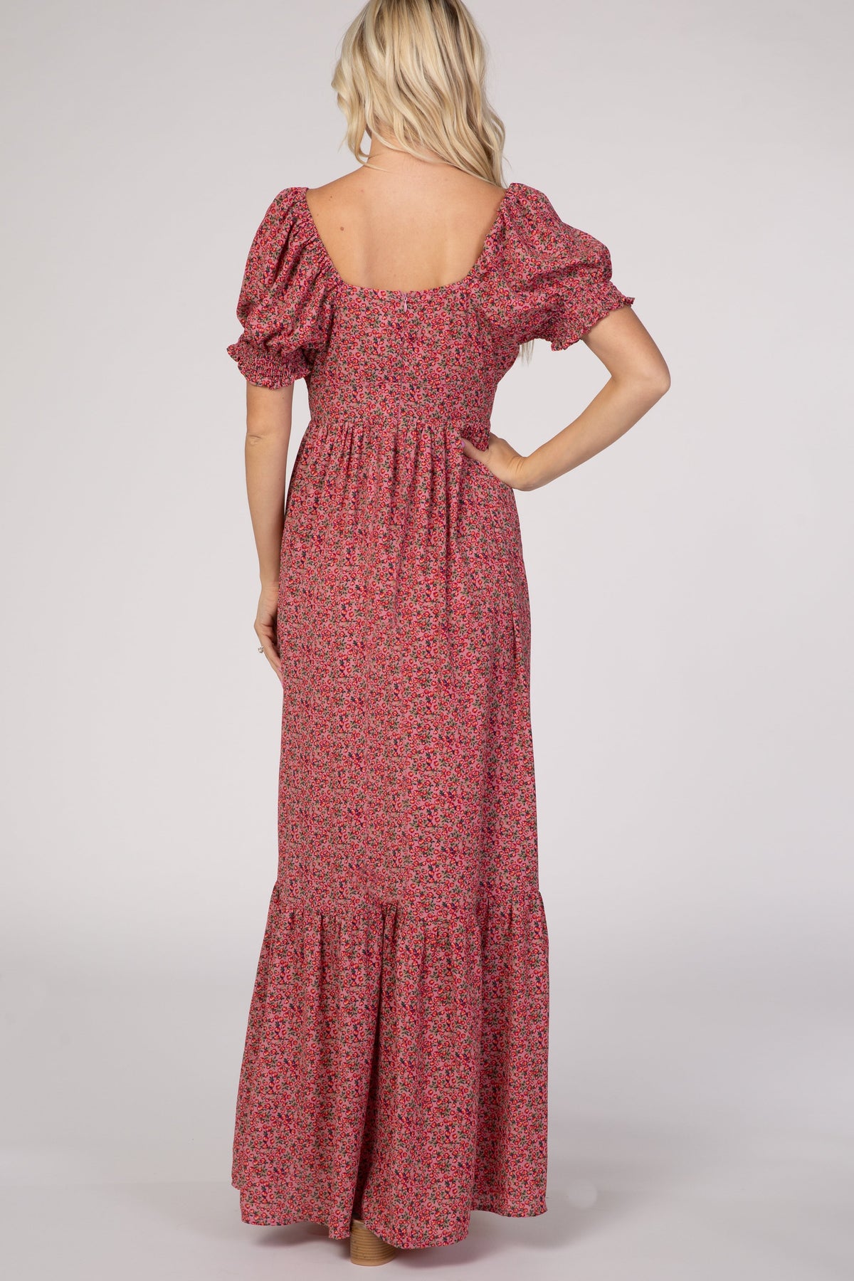Pink Floral Puff Sleeve Maxi Dress by PinkBlush