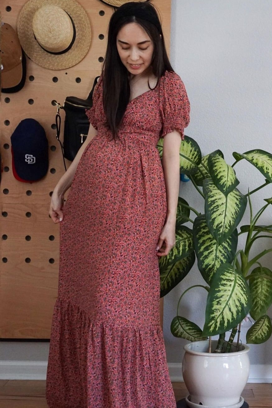 Pink Floral Puff Sleeve Maternity Maxi Dress by PinkBlush