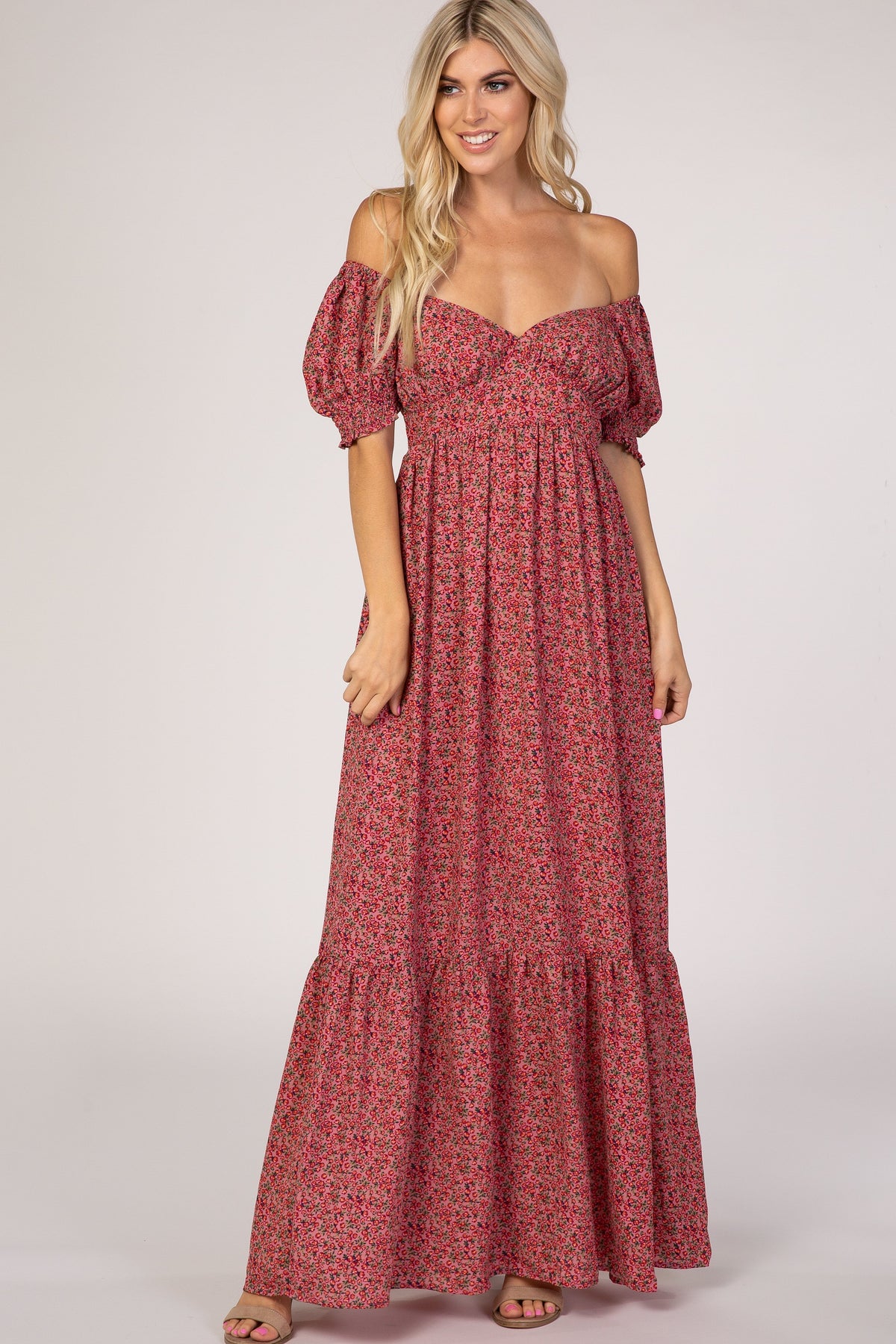 Pink Floral Puff Sleeve Maxi Dress by PinkBlush