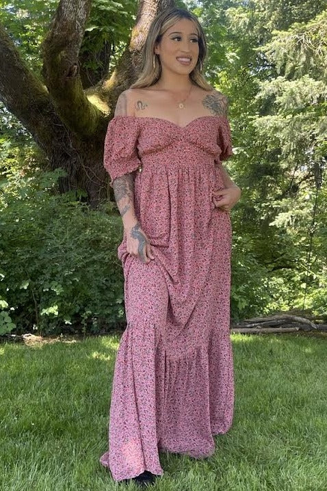 Pink Floral Puff Sleeve Maxi Dress by PinkBlush