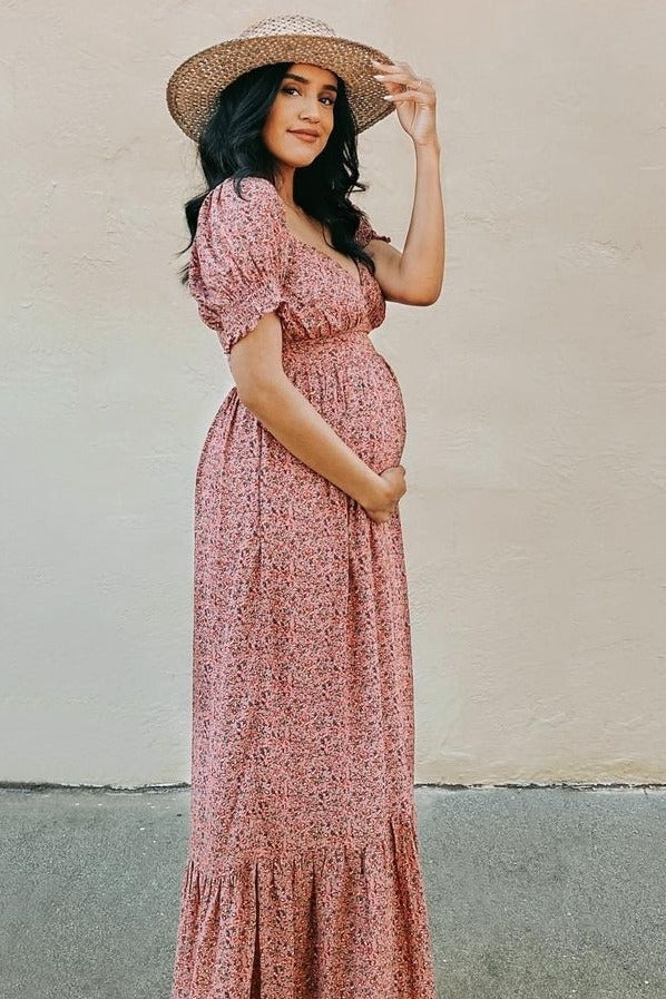 Pink Floral Puff Sleeve Maternity Maxi Dress by PinkBlush