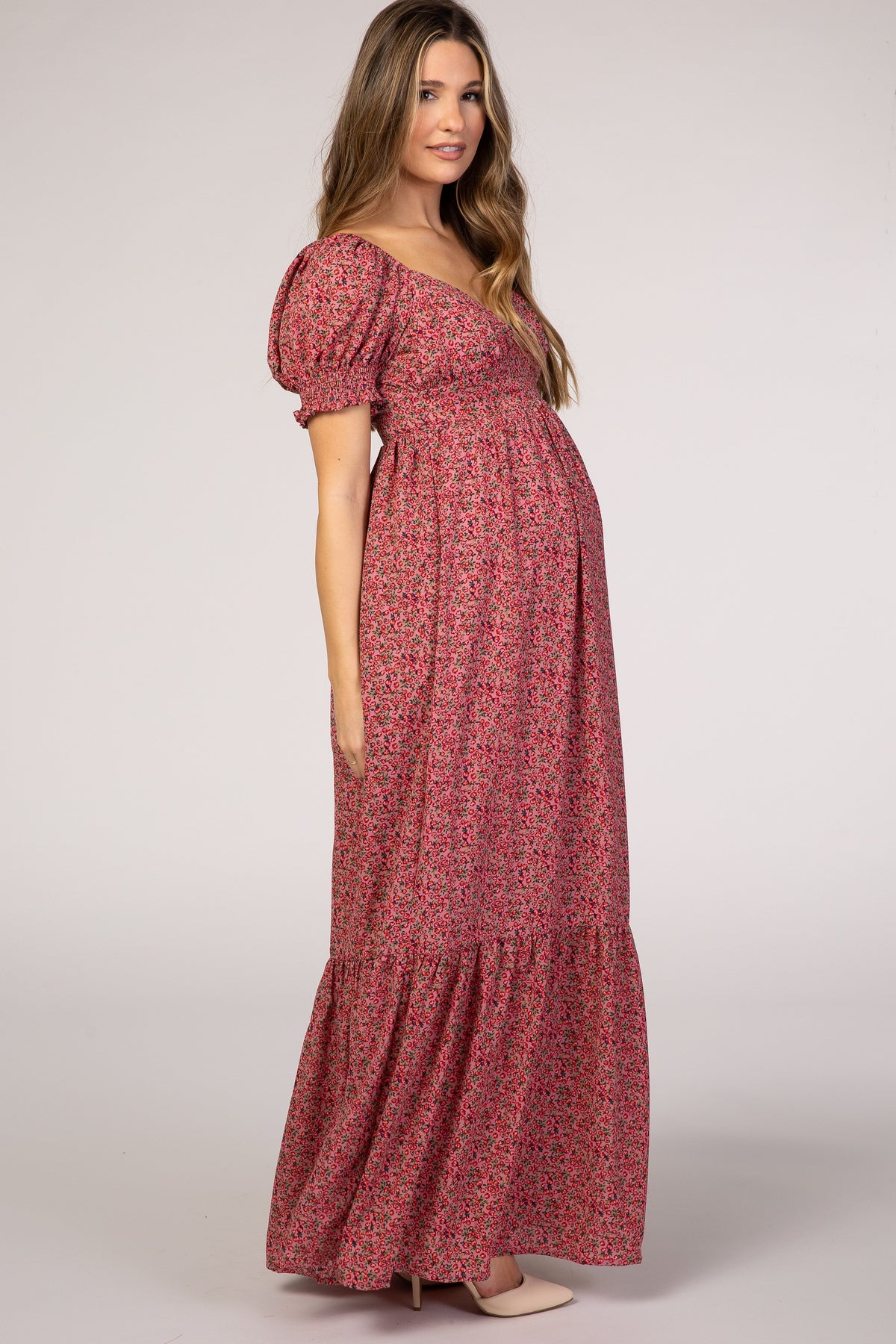Pink Floral Puff Sleeve Maternity Maxi Dress by PinkBlush