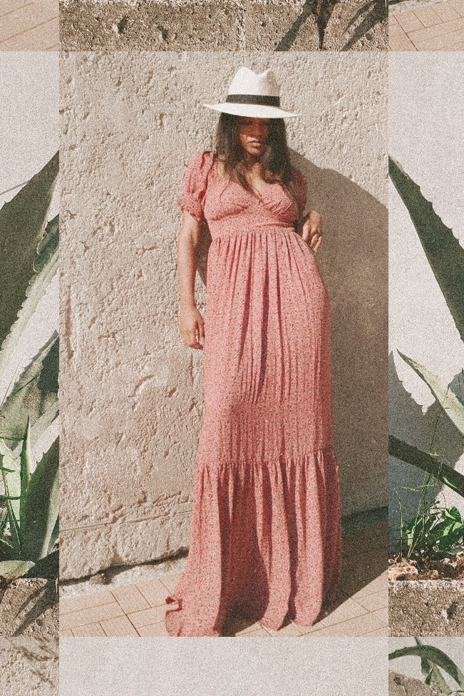 Pink Floral Puff Sleeve Maxi Dress by PinkBlush