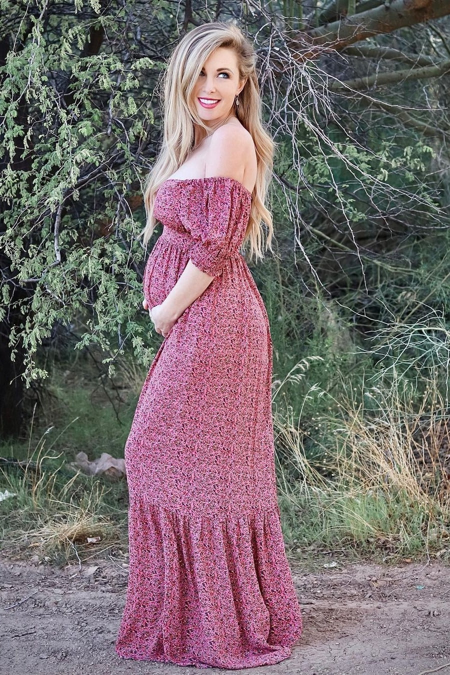 Pink Floral Puff Sleeve Maternity Maxi Dress by PinkBlush