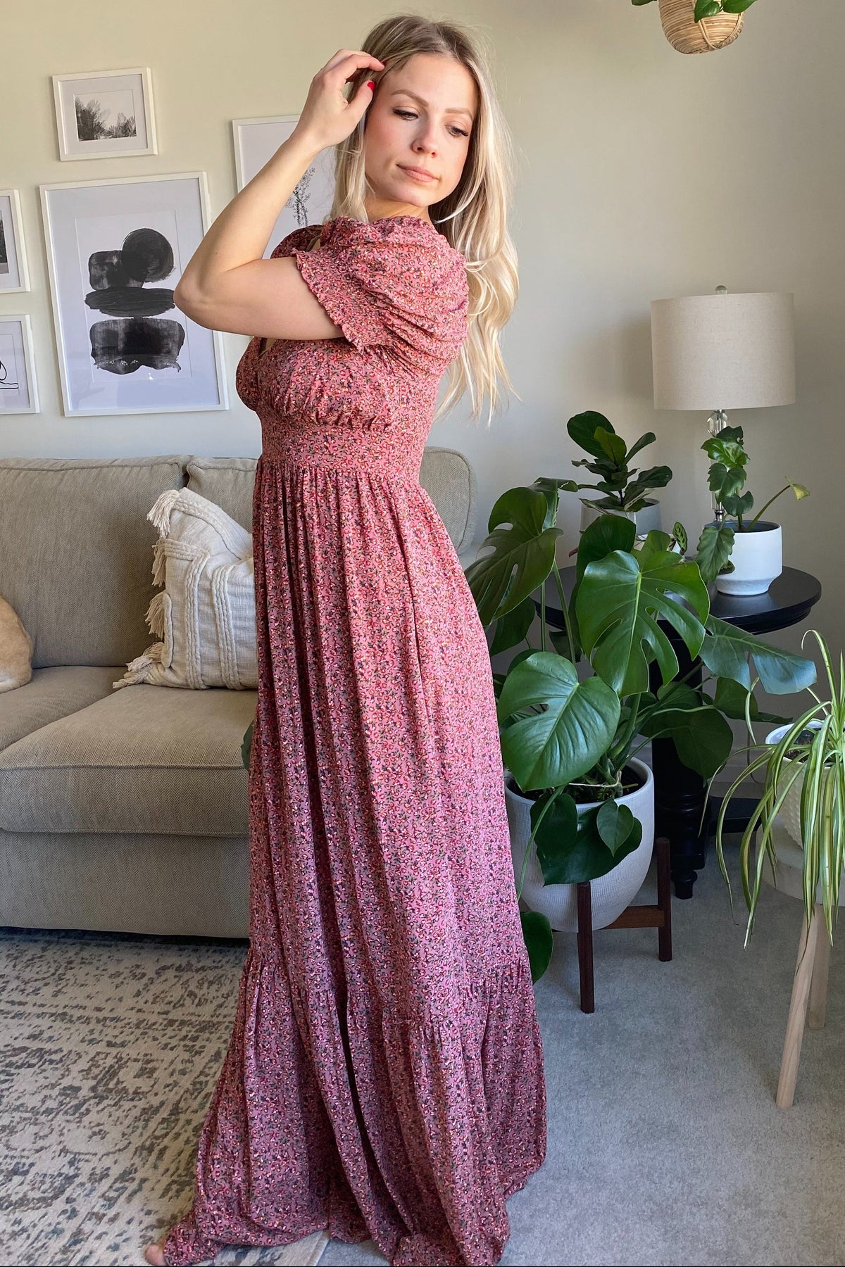 Pink Floral Puff Sleeve Maxi Dress by PinkBlush
