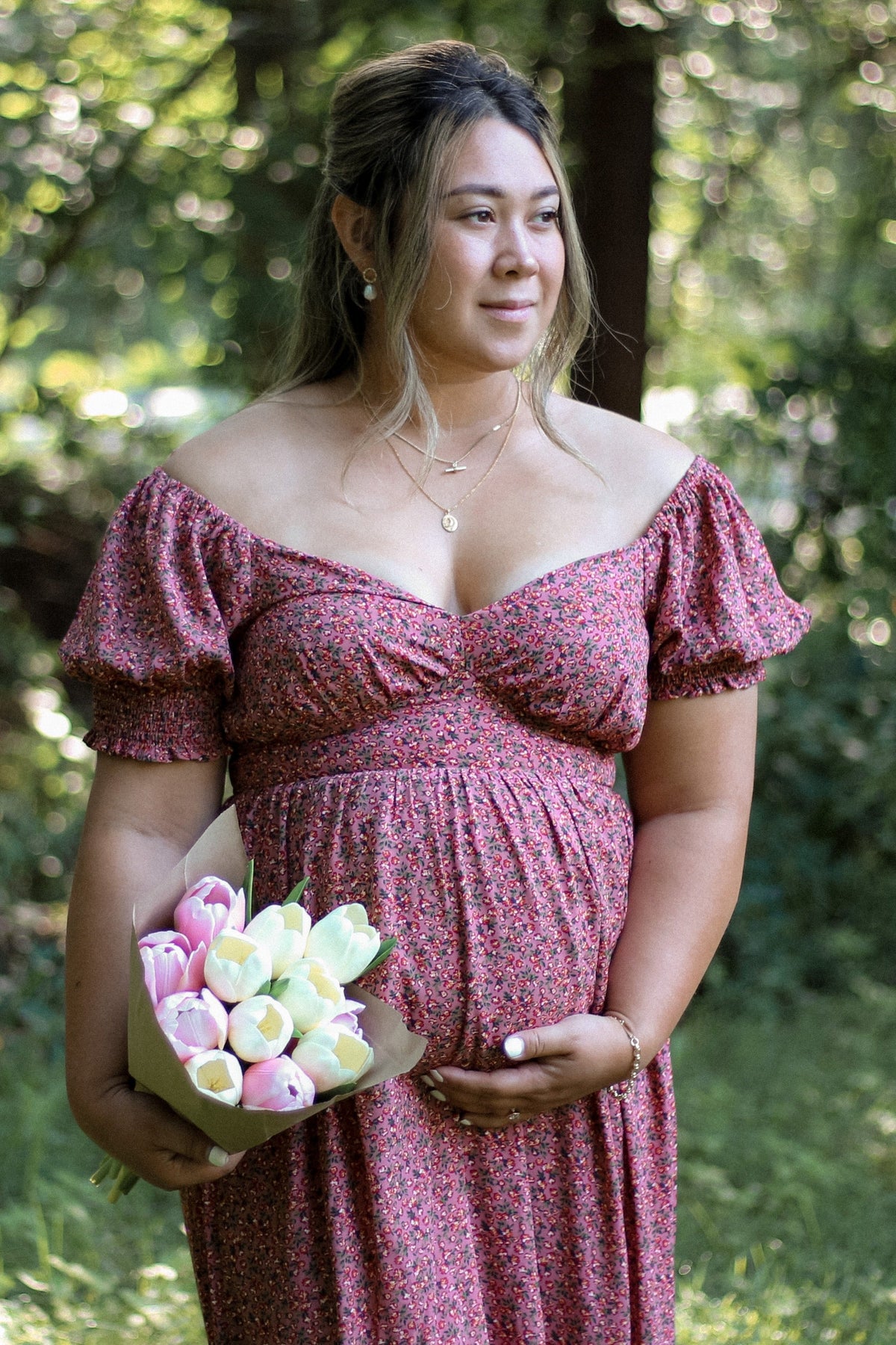 Pink Floral Puff Sleeve Maternity Maxi Dress by PinkBlush