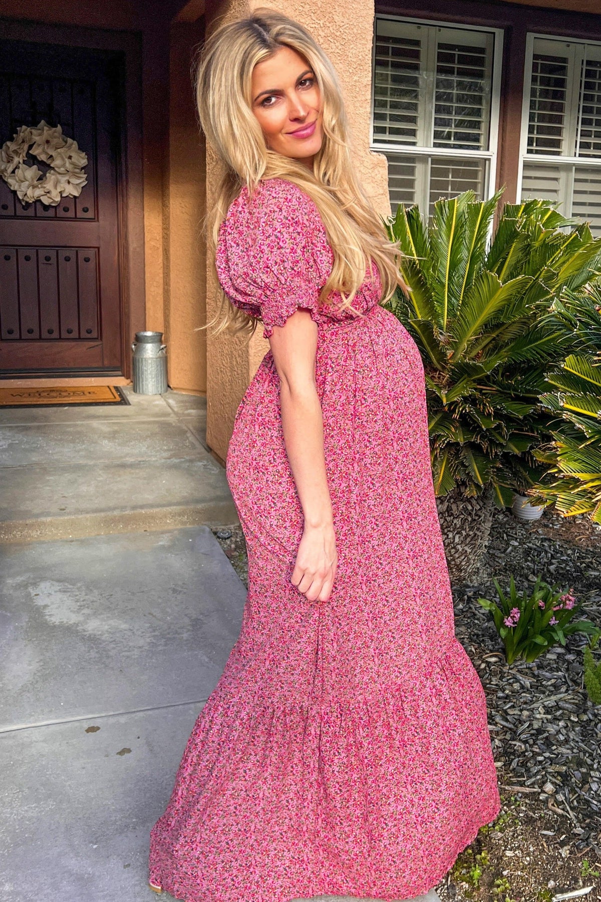 Pink Floral Puff Sleeve Maternity Maxi Dress by PinkBlush