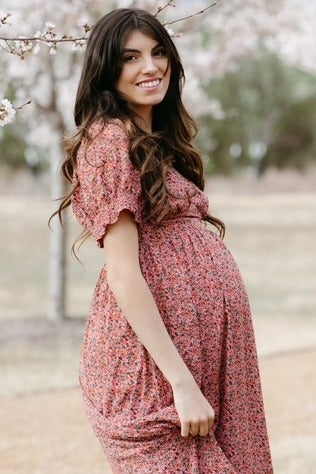 Pink Floral Puff Sleeve Maternity Maxi Dress by PinkBlush