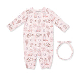 Convertible baby gown in a cowgirl boots and bows print with a matching knot bow headband