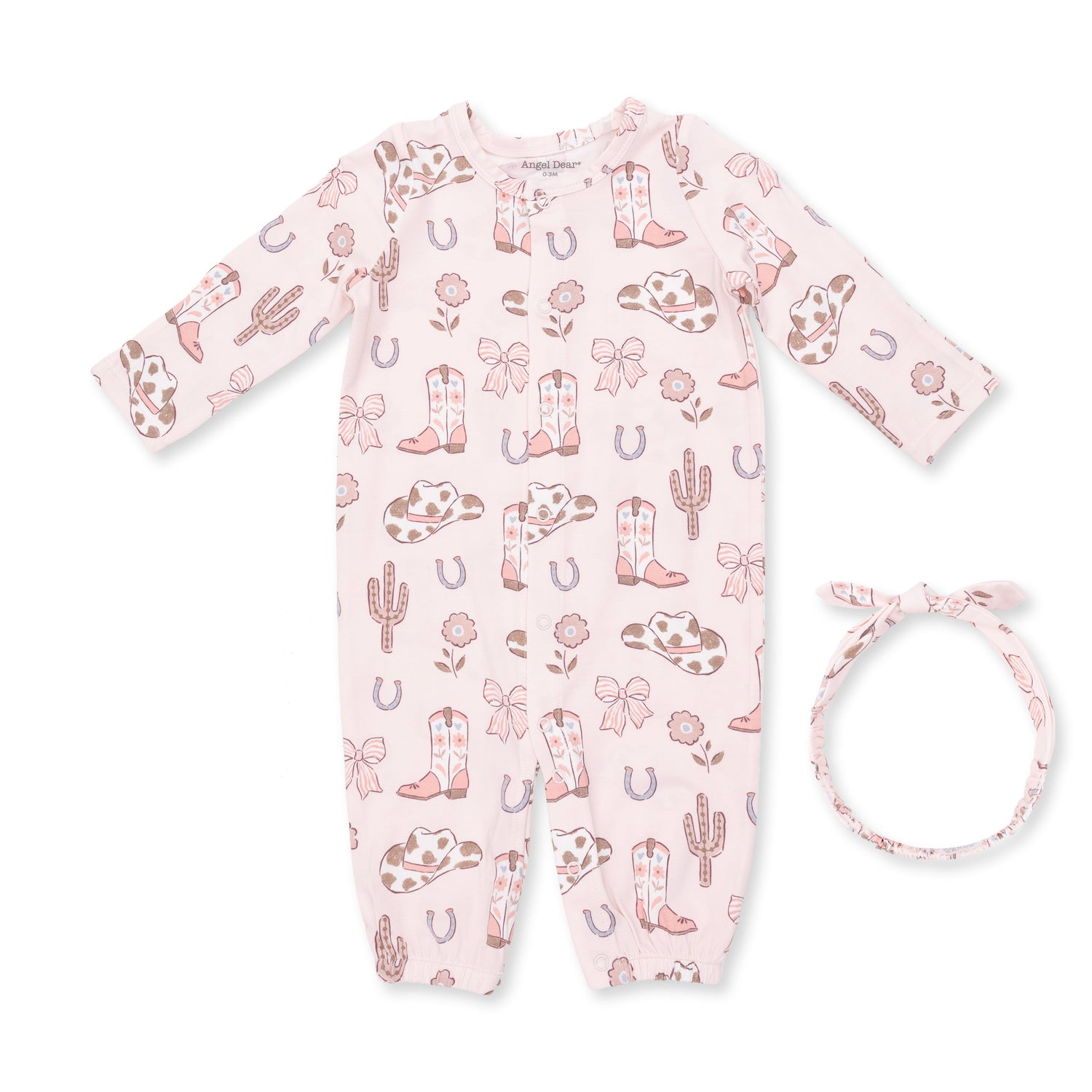 Convertible baby gown in a cowgirl boots and bows print with a matching knot bow headband