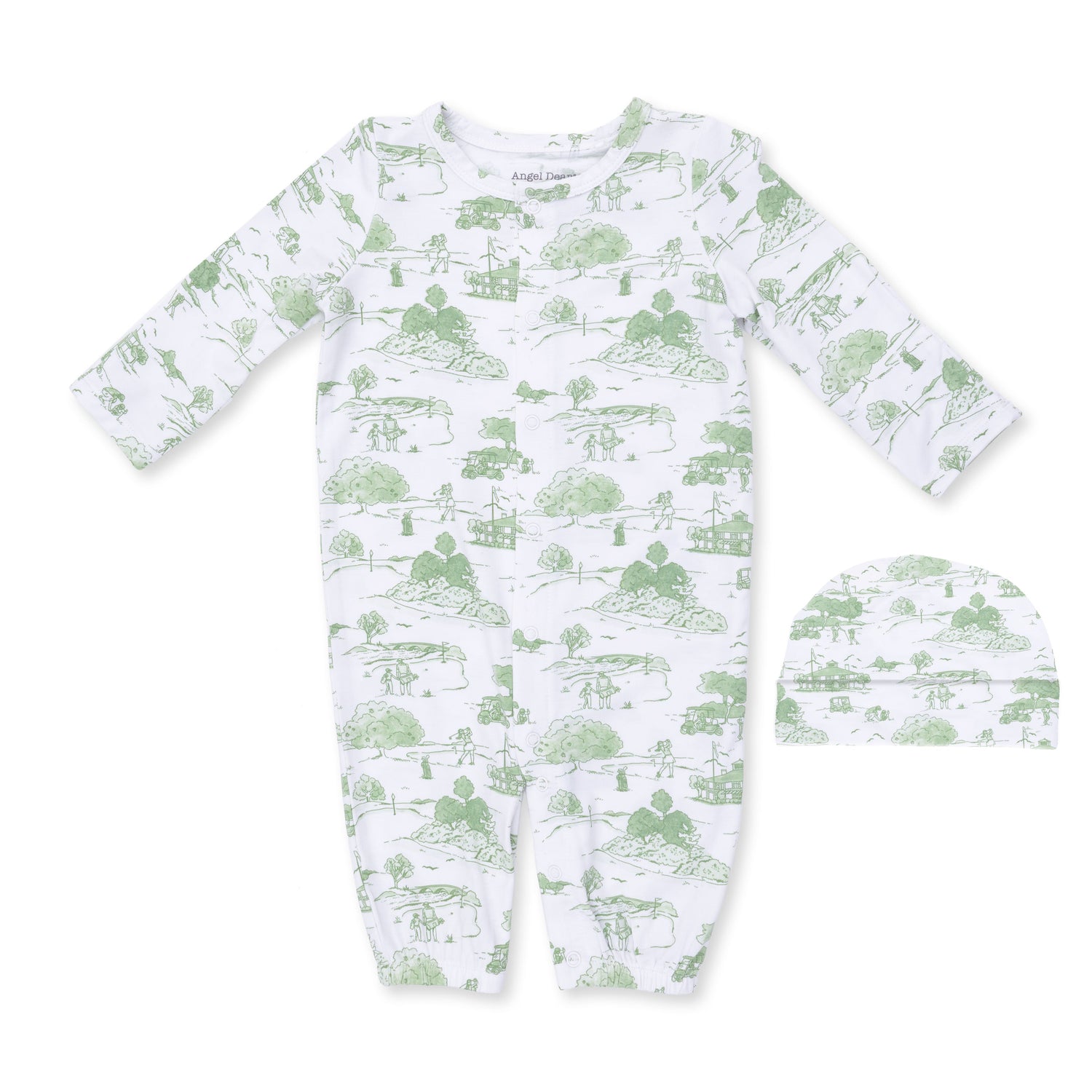 Convertible gown and matching beanie hat in green golf toile print on a soft ivory background.