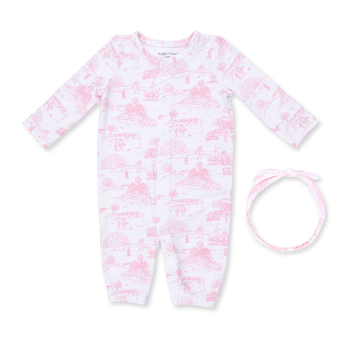 Baby convertible gown in pink golf toile print with matching knot bow headband