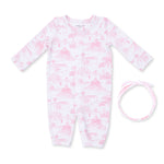 Baby convertible gown in pink golf toile print with matching knot bow headband