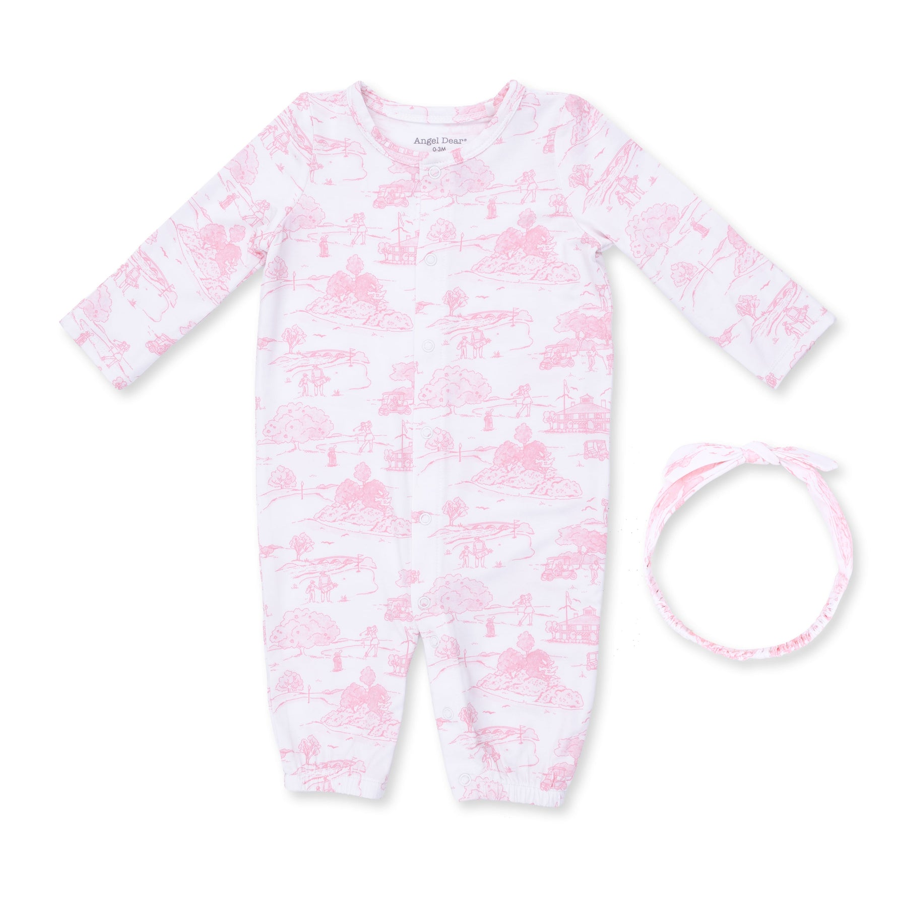 Baby convertible gown in pink golf toile print with matching knot bow headband