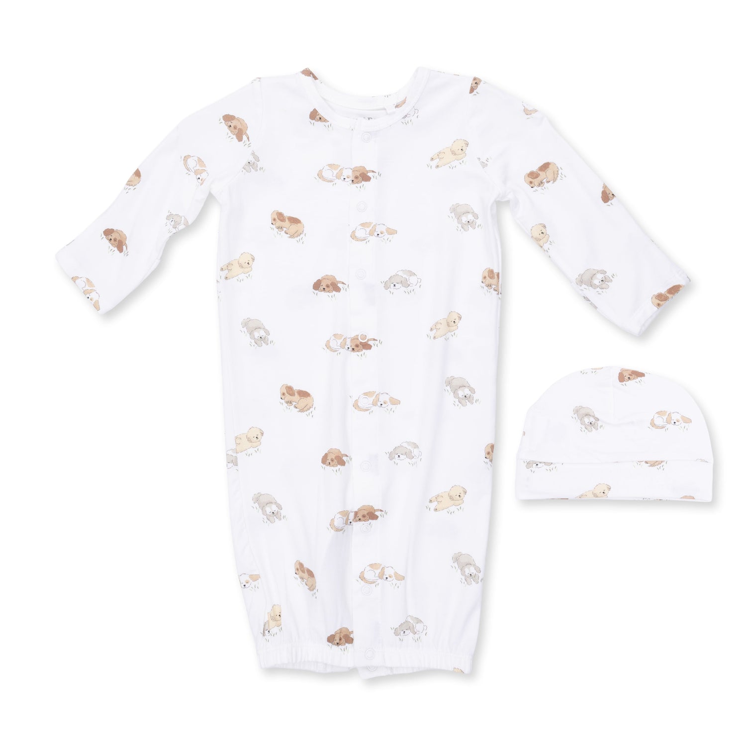 Convertible gown and matching beanie hat in a puppy print made from soft viscose from bamboo