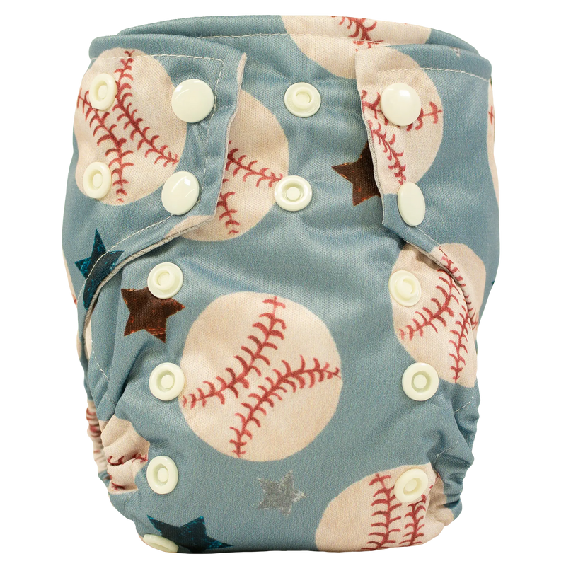 Tiny Tushies Newborn AIO Cloth Diaper with baseball print and secure snaps.