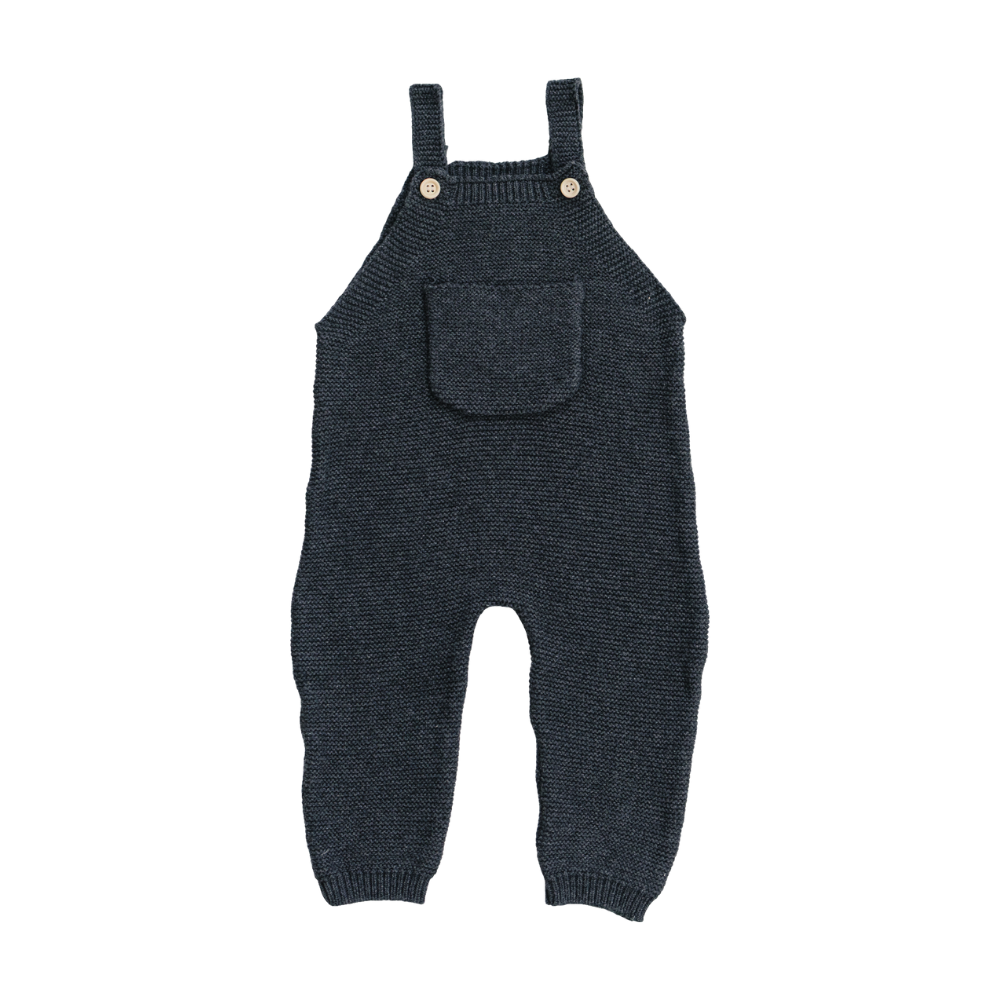 Charcoal cotton knit pocket overalls with adjustable shoulder straps and a front pocket