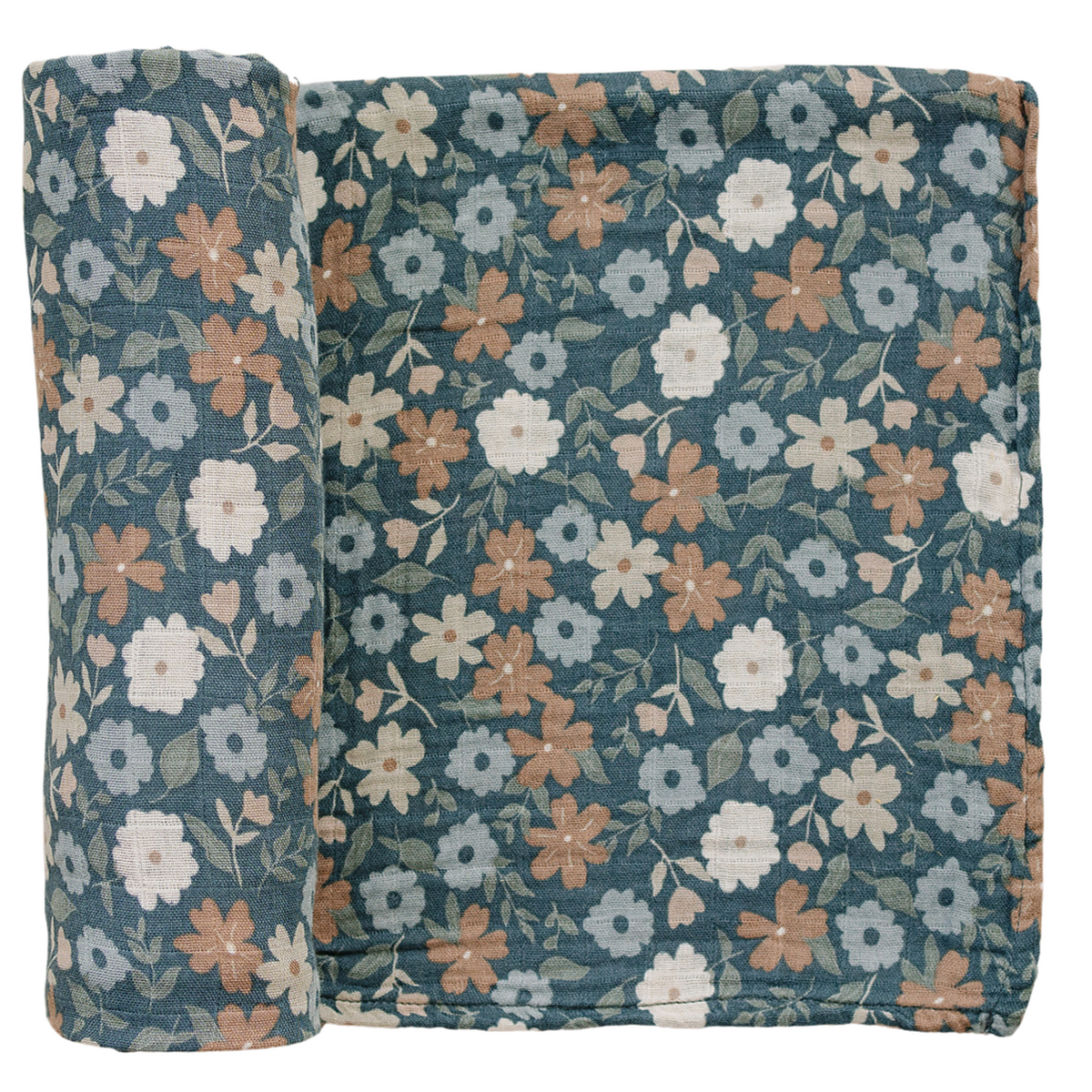 Close-up of Mebie Baby Midnight Floral Muslin Swaddle Blanket, soft organic cotton with dark floral print.