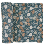 Close-up of Mebie Baby Midnight Floral Muslin Swaddle Blanket, soft organic cotton with dark floral print.