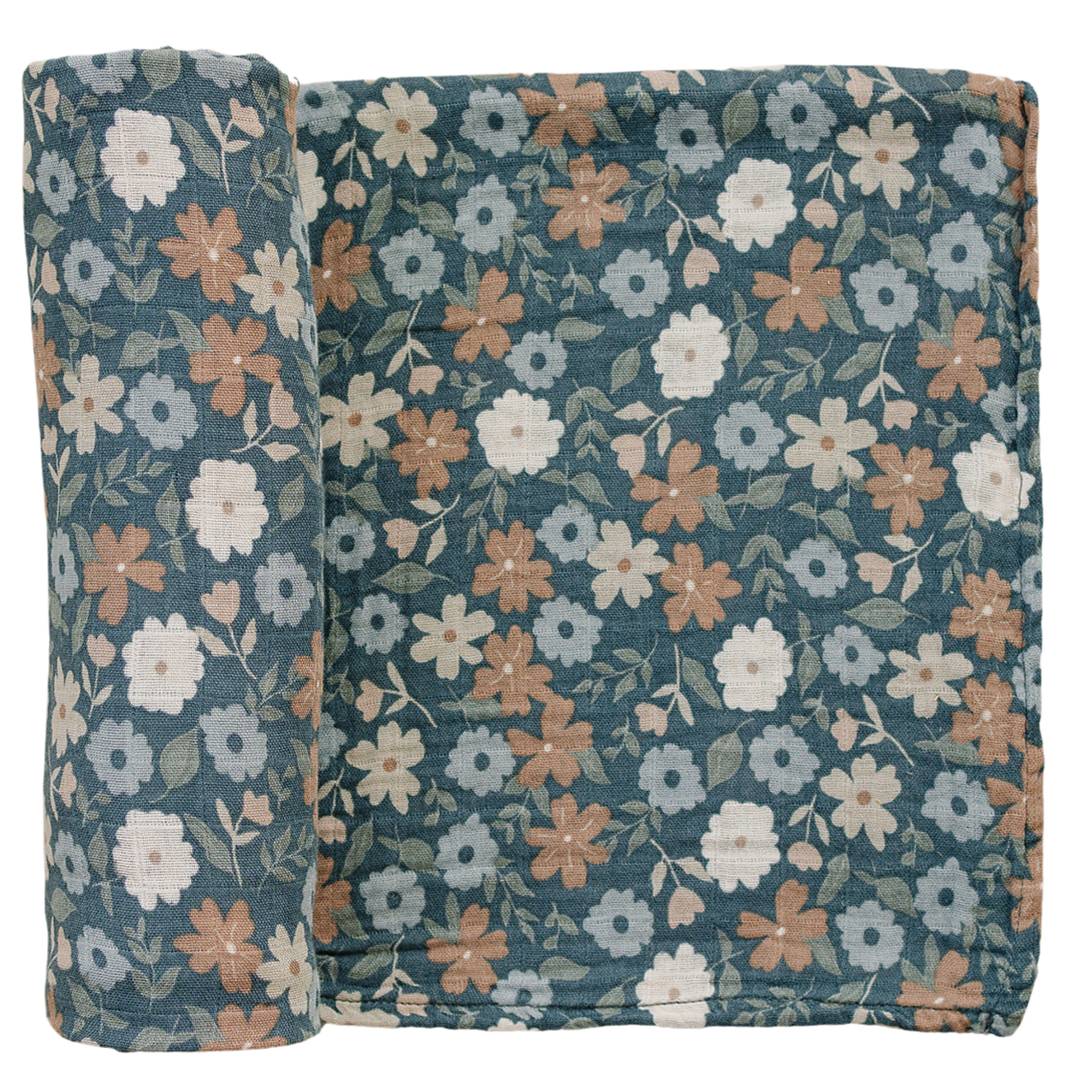 Close-up of Mebie Baby Midnight Floral Muslin Swaddle Blanket, soft organic cotton with dark floral print.