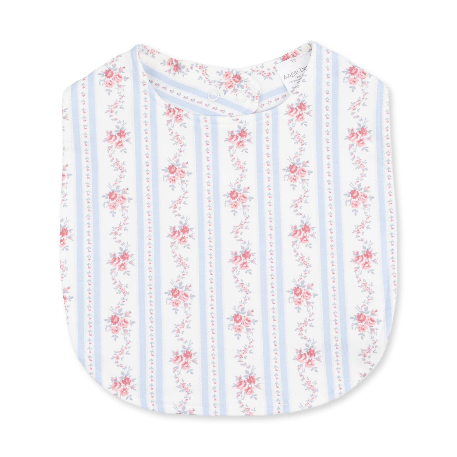 Baby feeding bib in a floral and stripe print with neck closure