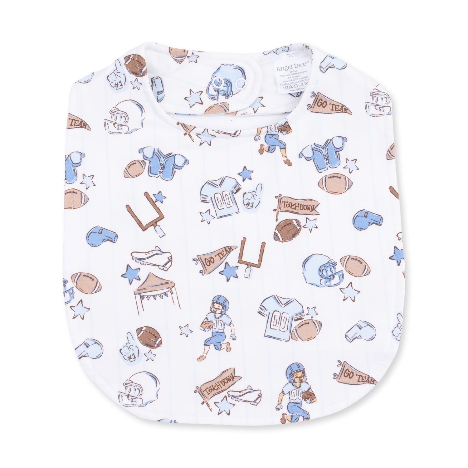 Feeding bib with a football print in team-inspired colors