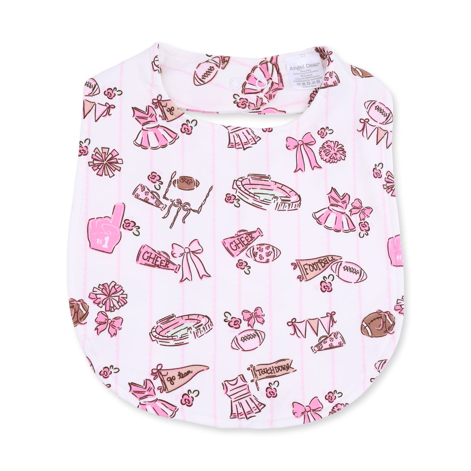 Feeding bib with a football cheer nursery print in soft fabric.