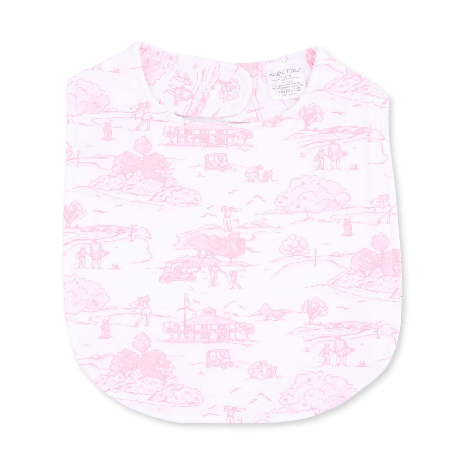 Feeding bib in pink golf toile print with an adjustable neck closure