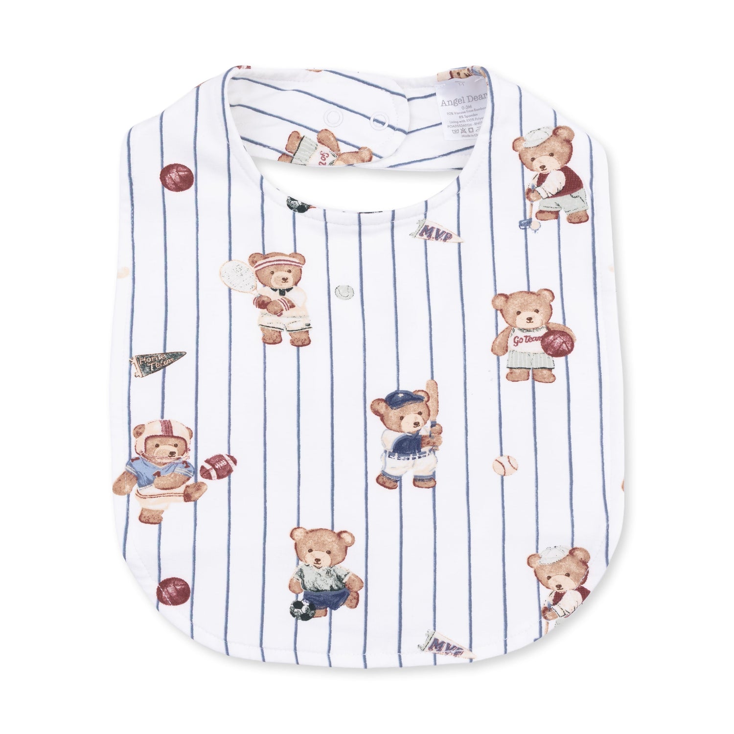 Feeding bib with a mixed sports bears print featuring bears playing different sports