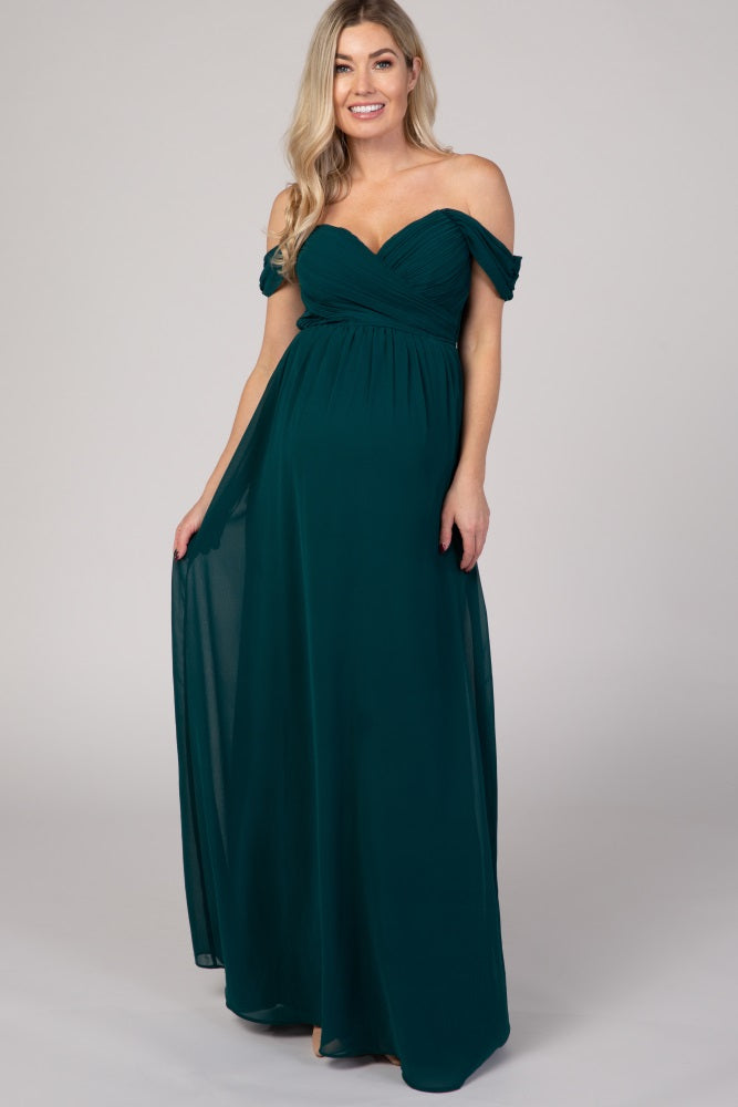 Forest green off-shoulder chiffon maternity maxi dress with wrap front and floor-length skirt