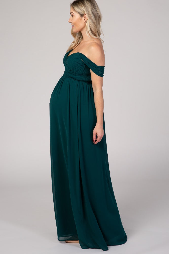 PinkBlush Forest Green Off Shoulder Chiffon Maxi Maternity Dress by PinkBlush (view 2 of 5)