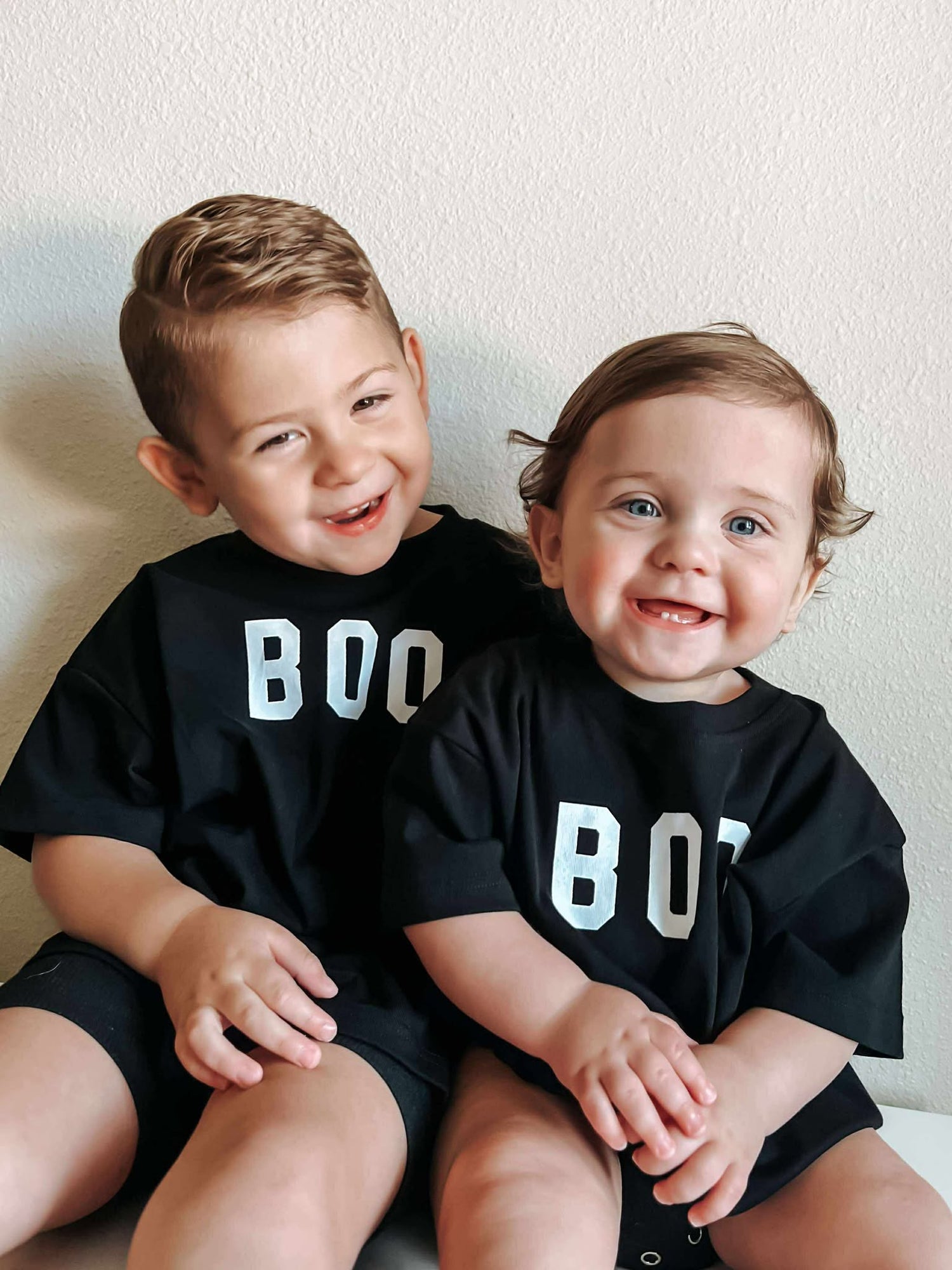 Oversized cotton tee with BOO ghost print, shown as a t-shirt or t-shirt romper for a baby