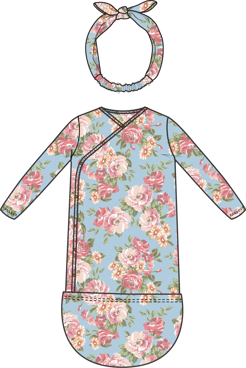 Newborn bundle gown and matching knot headband in the Angeline floral print
