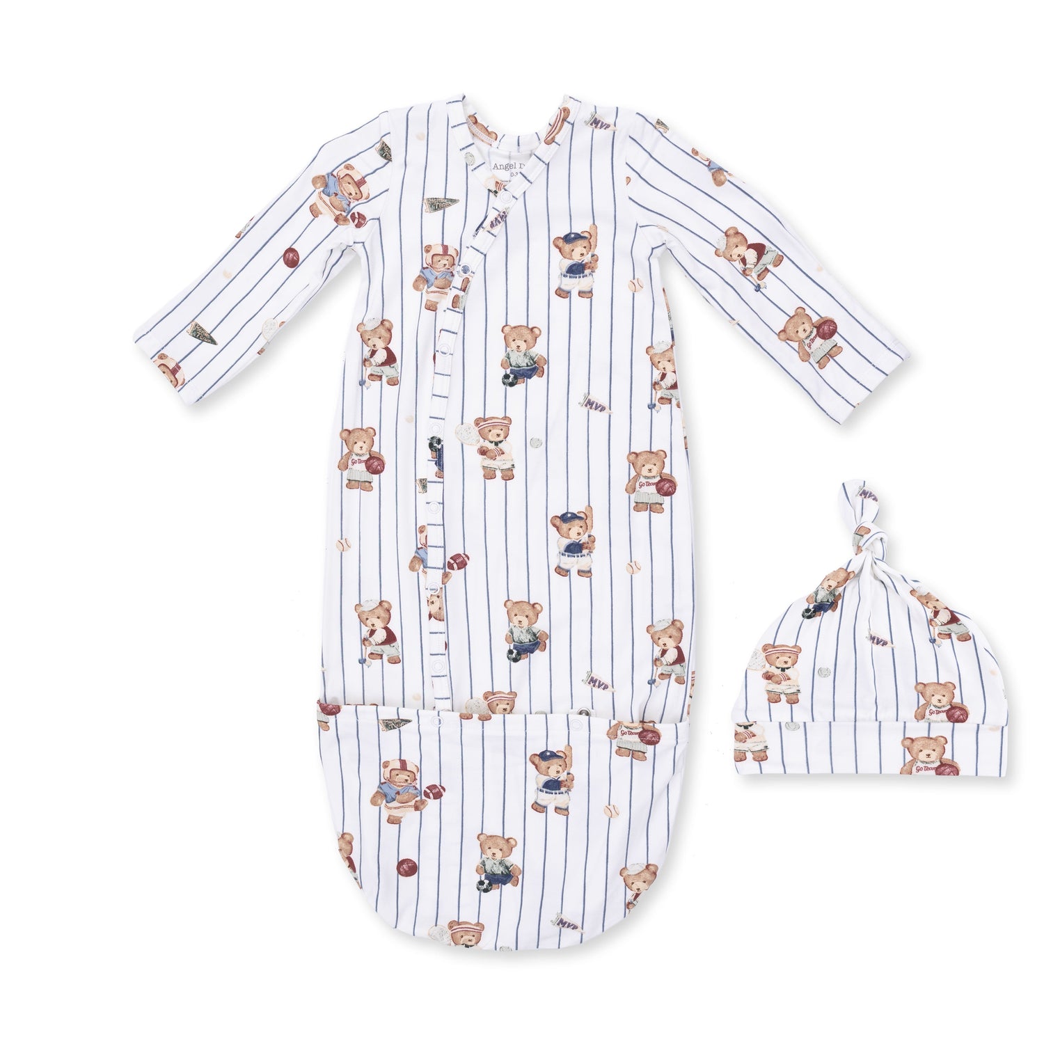 Bundle gown and matching knotted hat in a mixed sports bears print with baseballs, footballs, and basketballs.