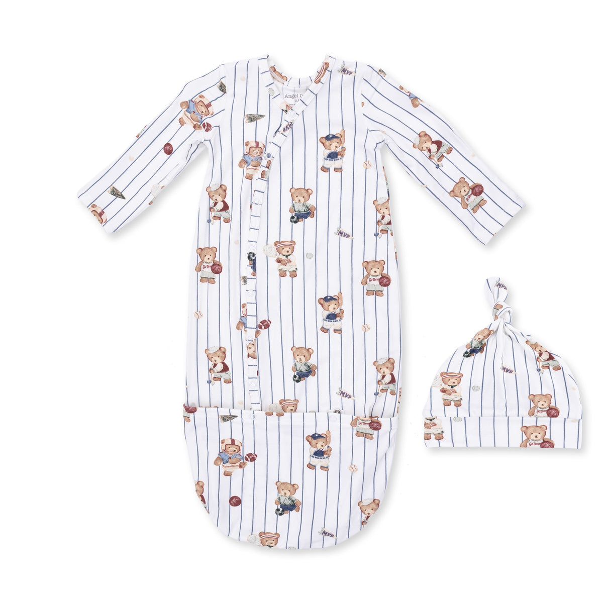Bundle gown and matching knotted hat in a mixed sports bears print with baseballs, footballs, and basketballs.