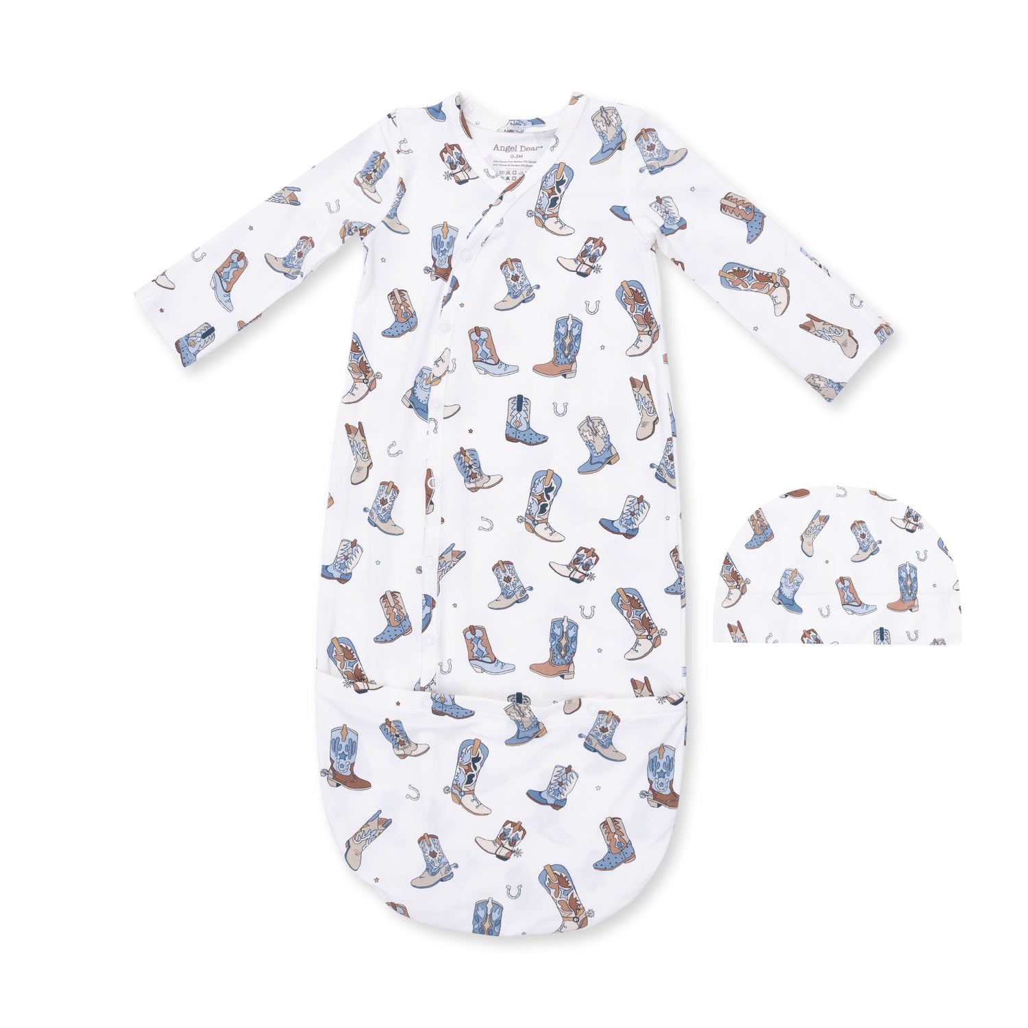 Baby bundle gown and matching beanie hat in a western buckaroo boots print.