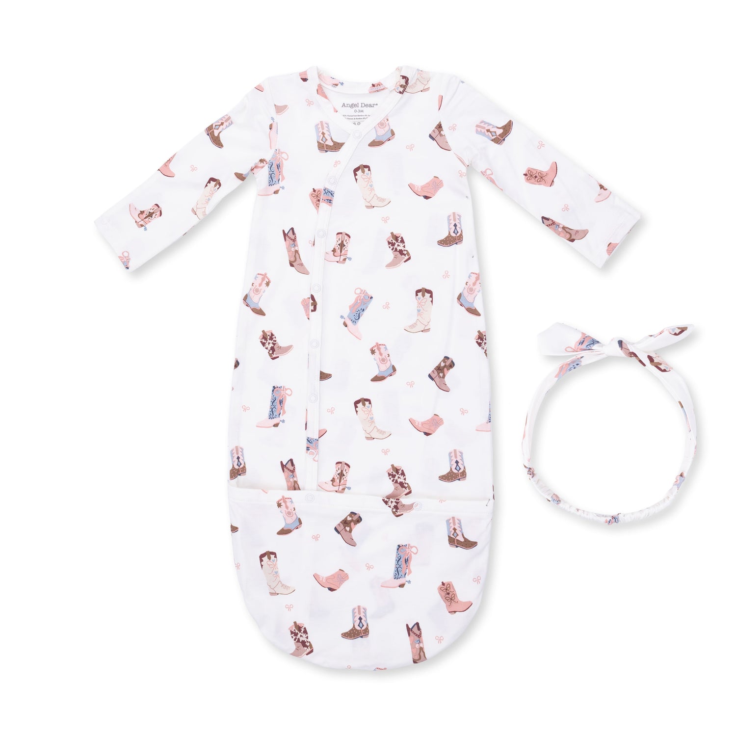 Bundle gown and matching knot headband in a Buckarette Boots print with cowboy boot design