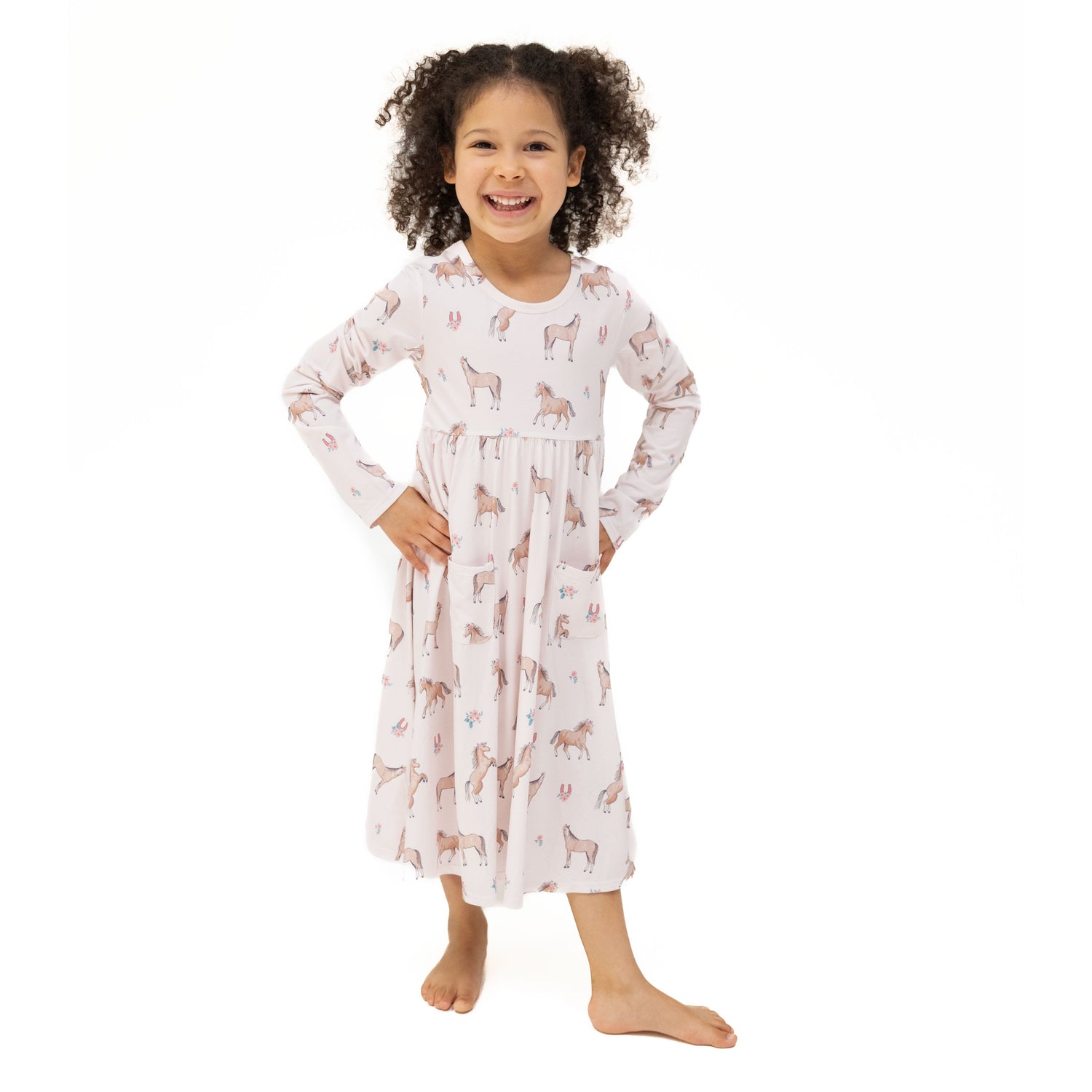 Long-sleeve twirly dress with a full skirt in an I Love Horses print