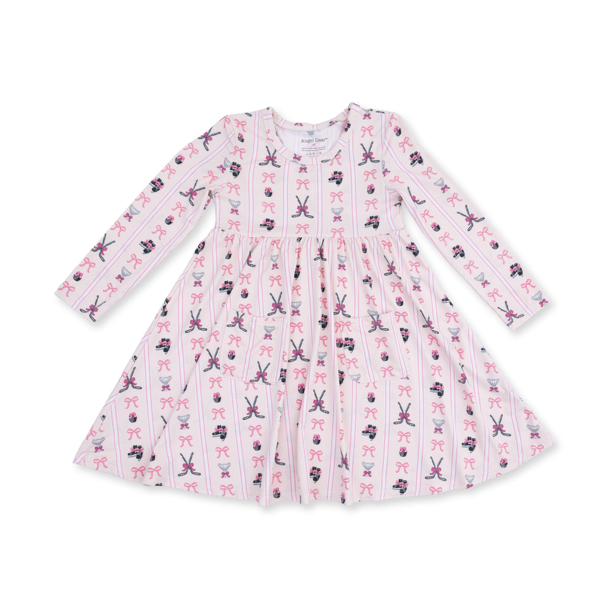Long sleeve twirly dress with a full skirt in a hockey stripe pattern